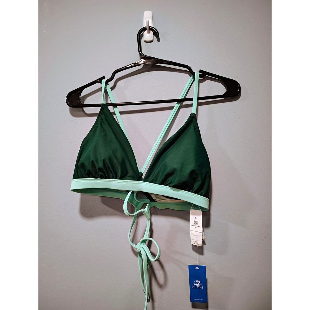 CUPSHE Women's Green & Mint Solid Bikini Swim Top, Size L Regular